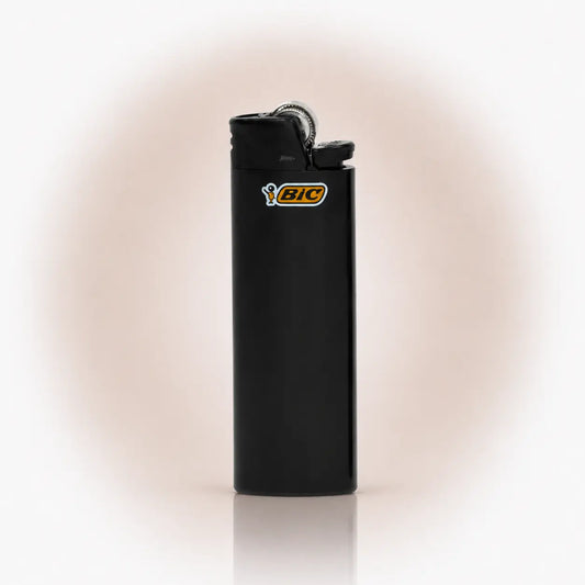 Briquet BIC noir classique avec molette argentée et logo BIC orange, sur fond neutre