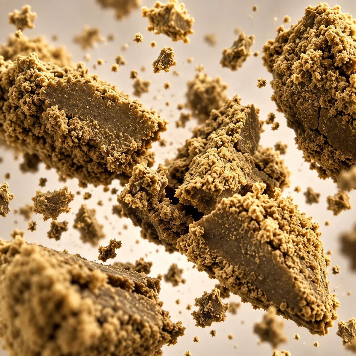 Résine de CBD Le Mousseux en détail : grain mousseux et reflets dorés — Ambre