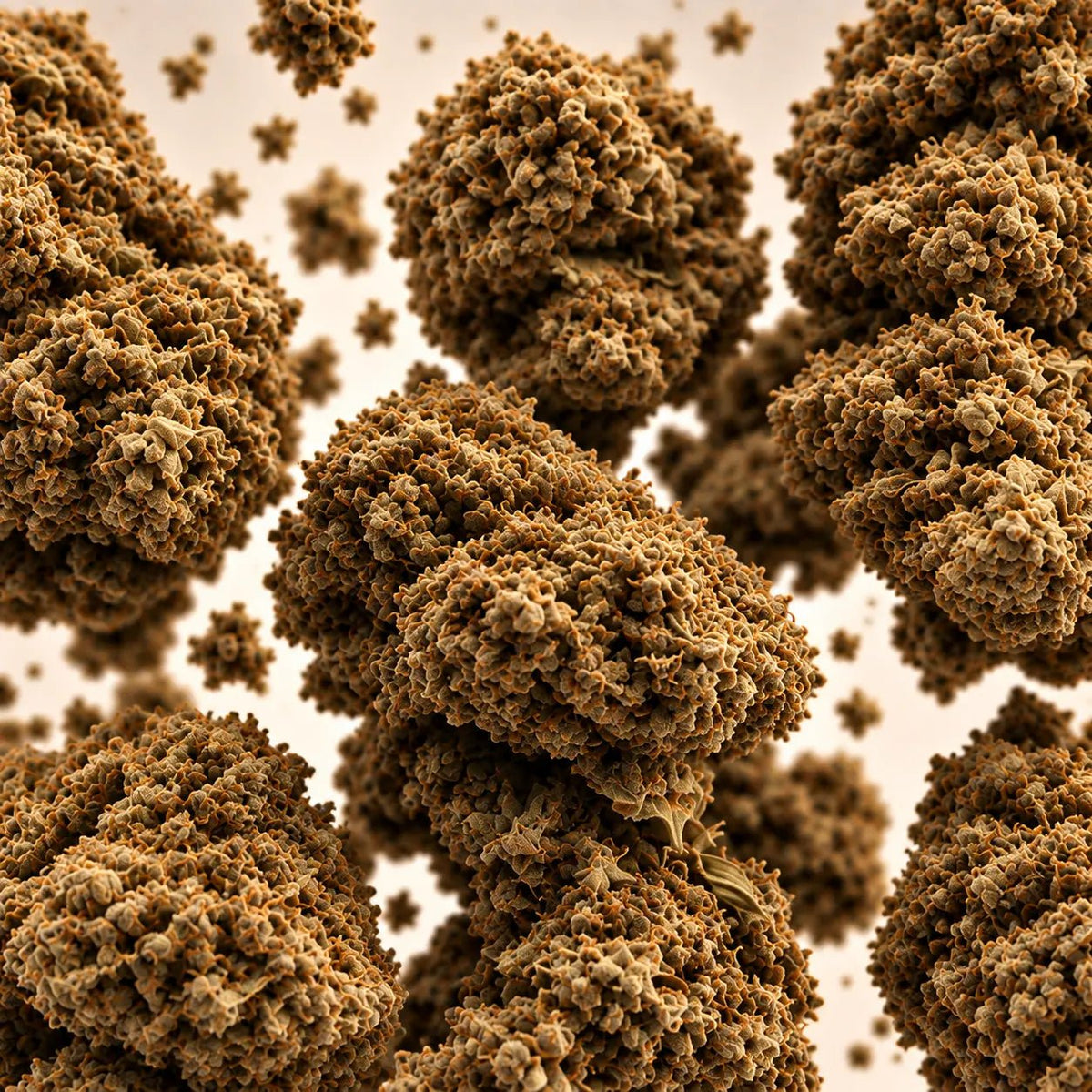 Fleur de CBD OG Kush de près : reflets blancs et filaments orangés — Ambre