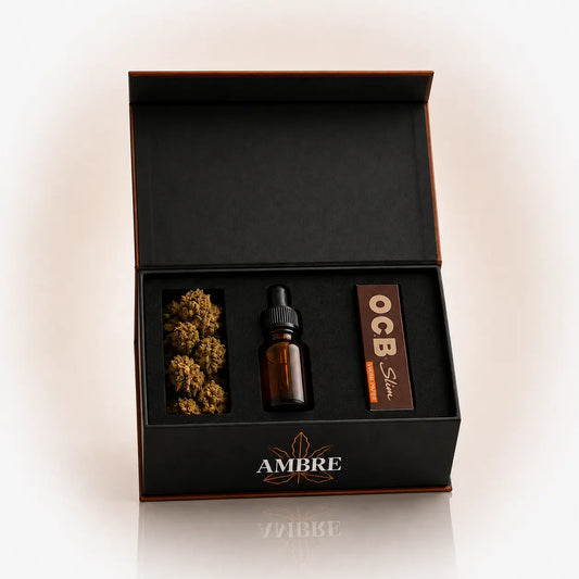 Coffret Découverte CBD Ambre — assortiment fleurs, résine, huile et accessoires